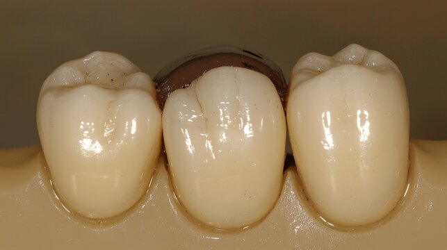 Close up of Three White Ceramic Dental Crowns on a Plaster Model for Prosthetic Dentistry and Dental Lab Work