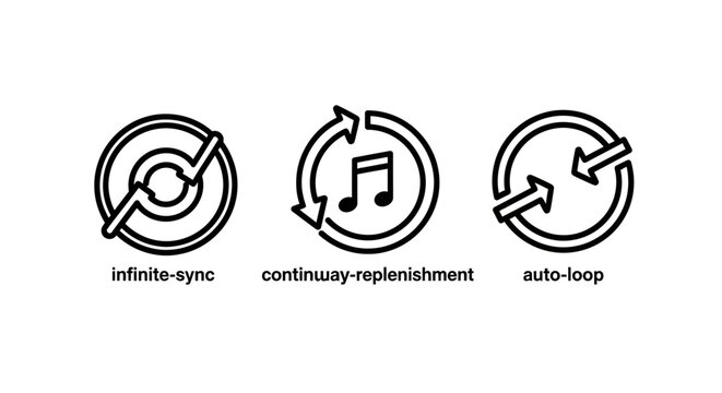 Audio and media processing icons illustrating infinite sync continuous replenishment and auto functionality with continuous replenishment playback streaming processing functionality technology