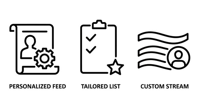 Data stream and user personalization UI icons with personalized configuration management interface software platform development information organization selection dashboard customer