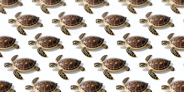 A repeating pattern of turtles with brown shells is shown on a white background.