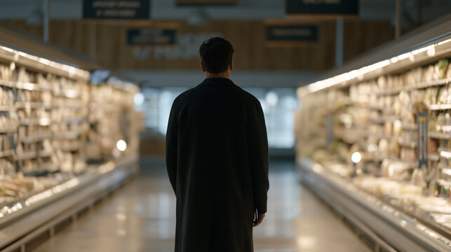 Dark store supervisor walking empty shopping aisles after hours as picking robots fulfill online grocery orders, consumer-facing signage still visible, smartphone order queue list