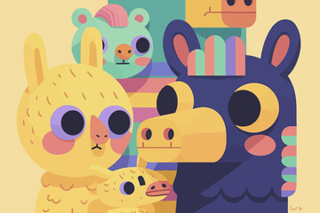 A vibrant illustration featuring a group of adorable animal characters in a playful, layered style. © Salvador