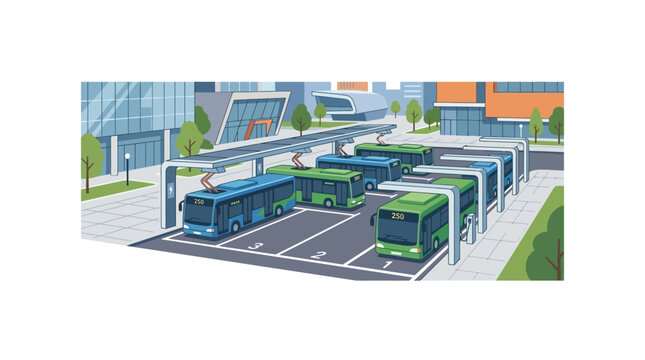 Electric Buses Charging at Modern City Station, Sustainable Urban Transport