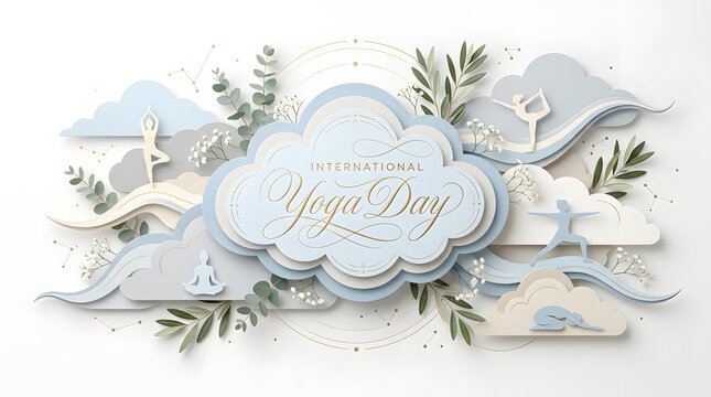 International yoga day celebration with people practicing yoga on clouds and leaves on white background