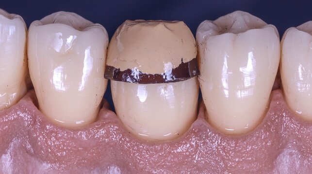 Detailed View of Ceramic Dental Crowns and Bridge on a Model Showing the Cementation and Fitting Process