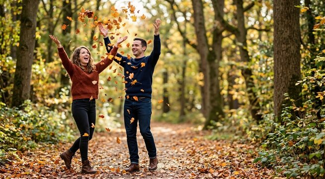 Playful couple throwing autumn leaves in a forest. Happy man and woman walking on a woodland path during fall season. Outdoor recreation and romantic relationship concept