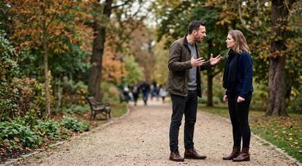 Obraz premium Angry couple arguing on a gravel path in an autumn park. Frustrated man gesturing while talking to an upset woman. Relationship conflict and communication problems
