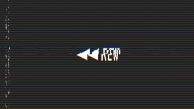 4K stock | Vintage VHS tape Rewind overlay with RGB scanline tracking error and flickering animation for video editing.