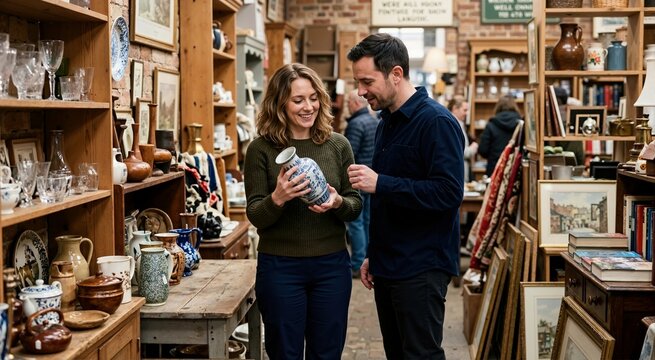 Smiling couple examining a blue and white ceramic vase in an antique shop. Happy man and woman browsing vintage items on wooden shelves. Retro shopping lifestyle