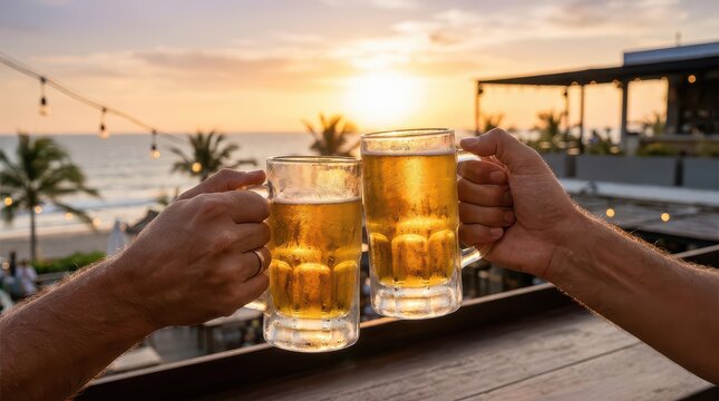 Couple toasting with beer glasses sunset background