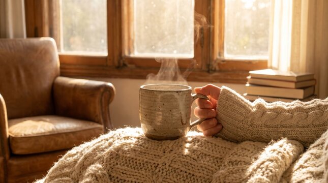 Woman hand holding steaming ceramic cup of coffee while sitting under soft knitted blanket near window. Cozy morning mood with warm sunlight in home interior. Calm lifestyle concept.