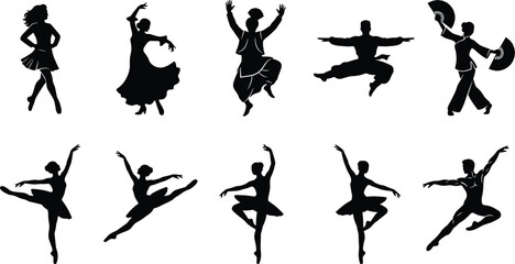 Traditional Global Folk and Classical Ballet Dancer Silhouette Icon Set with Cultural Dancers Performers and Ballerinas for Theater Concerts Festivals and Dance Studio Designs © MdMahfuj