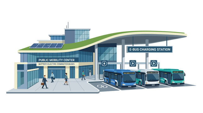 Electric Bus Charging Station: Public Mobility Center with Solar Panels