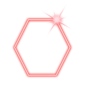Futuristic neon glowing red pentagone shape isolated on transparent background. LED light laser line border, electric neon sign. Empty space for banner, mockup, presentation, PNG