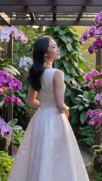 Vertical video: Cam pulling back, woman turning head and posing for shoot in pergola with gown orc