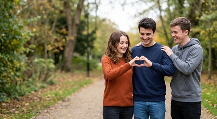 Fototapeta premium Happy friends walking in a park making a heart shape with hands. Young woman and man forming a love symbol while walking with a friend. Friendship concept