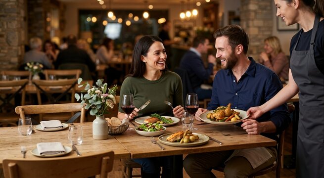 Waitress serving dinner to a happy couple in a restaurant. Man and woman enjoying a romantic date night meal with wine. Hospitality concept