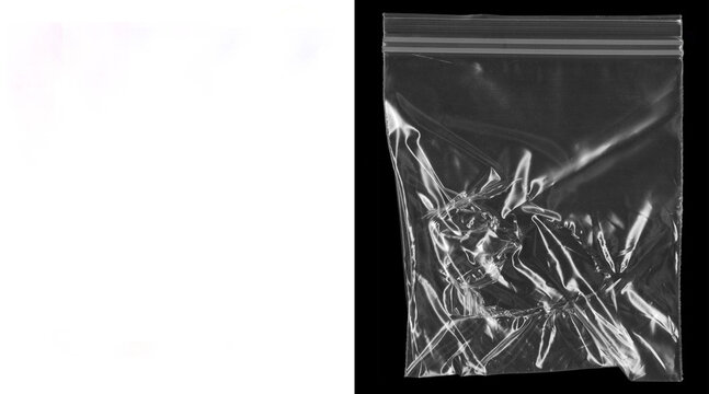 Transparent plastic zipper bag on black background, empty wrinkled poly bag texture, clear resealable storage pouch for product packaging