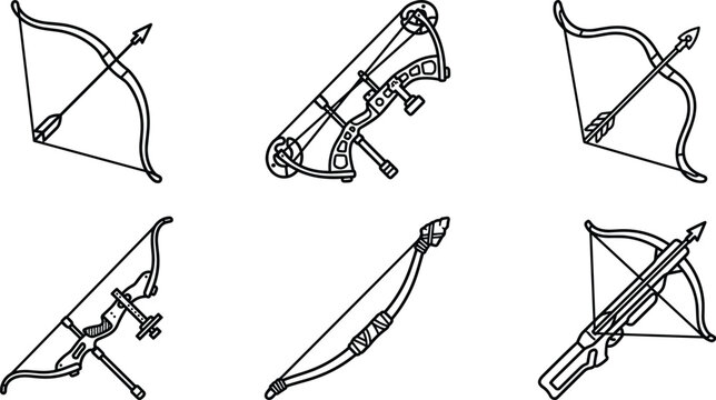 Archery Bow Icon Set with Compound Bow Recurve Longbow Traditional Primitive Bow and Crossbow Line Art Symbols for Hunting and Shooting Sport Designs