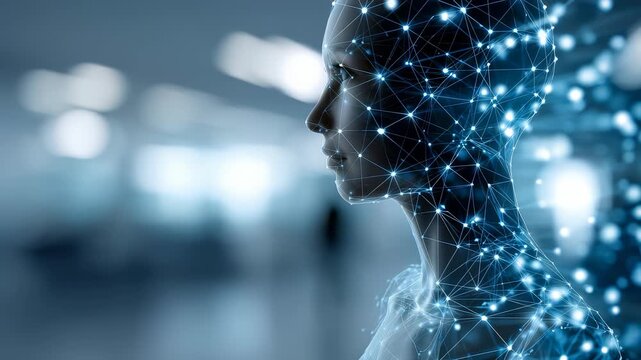 Digital humanoid figure is illustrated with interconnected glowing nodes, symbolizing artificial intelligence, neural networks. Background is blurred, emphasizing focus on futuristic technology
