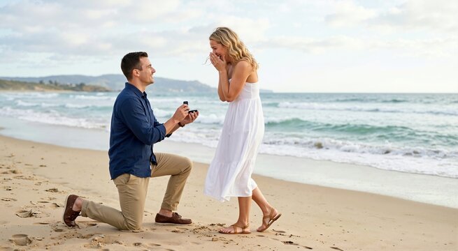 Man kneeling on the beach proposing to his surprised girlfriend. Romantic couple engagement by the ocean