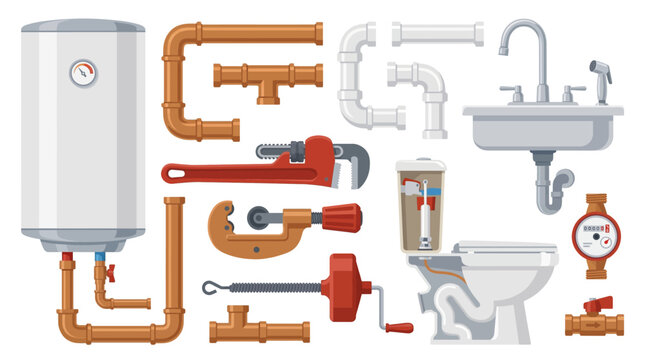Plumbing pipe fitting collection with pipes wrenches water heater and plumbing fixtures vector set