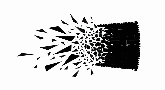 Abstract geometric shape dissolving into fragments against a white background