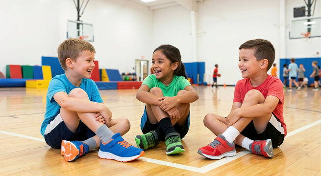 Three smiling children sitting on a wooden gym floor wearing colorful athletic sneakers. Kids talking at an indoor summer sports camp