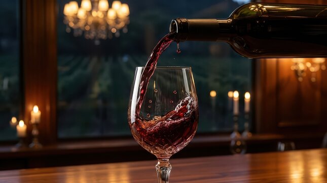Red wine pouring into a crystal glass at a restaurant