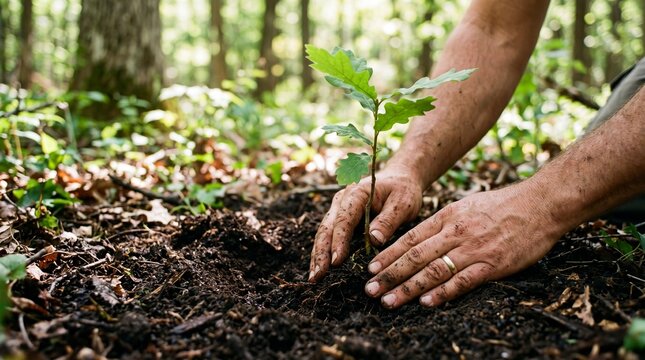 Person planting a small green oak tree sapling in fertile forest soil.