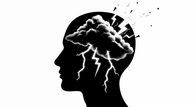 Stormy thoughts and mental distress visualized inside a silhouette of a human head.