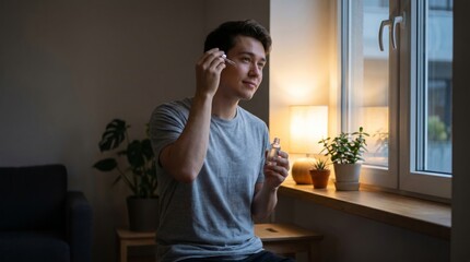 Fototapeta premium Young man applying facial serum with dropper near window in quiet evening. Guy doing skincare routine in cozy home interior with ambient light. Hygiene, self care and grooming concept.