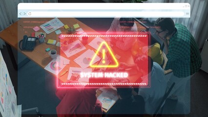 A group of professionals engaged in a collaborative meeting in an office, with a stark warning of a system hack displayed on their computer screen, highlighting security risks. Raster © InfiniteFlow