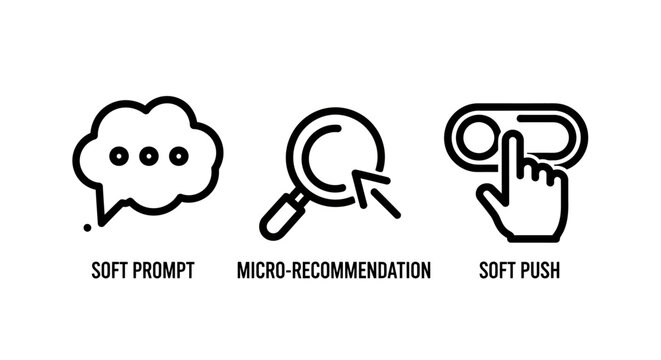 Soft prompt micro-recommendation and soft push digital interface icons with recommendation interface interaction notification suggestion behavior technology guidance automation artificial