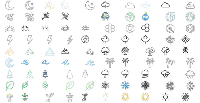 Nature and Environment 1 Vector Icon Set featuring 90 minimalist line icons of crescent moons, fluffy clouds, flying bees, eco globes, sunrises, and honeycombs for sustainable branding and web design.