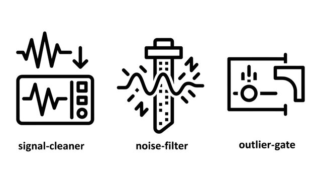 Signal cleaner noise filter and outlier gate technical icons with processing analysis technical electronics frequency engineering measurement oscillation hardware illustration research
