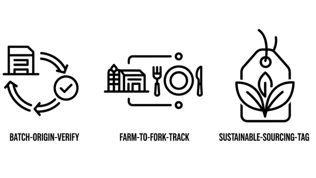 Supply chain transparency and sustainable sourcing infographic icons with transparency sourcing traceability sustainability logistics production verification tracking business management