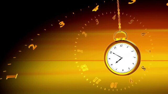 Golden Pocket Watch Swinging Like Pendulum on Glowing Clock Background