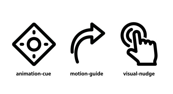 Collection of interface interaction icons representing cues motion guides and visual nudges with animation interface interaction experience feedback movement direction guidance software