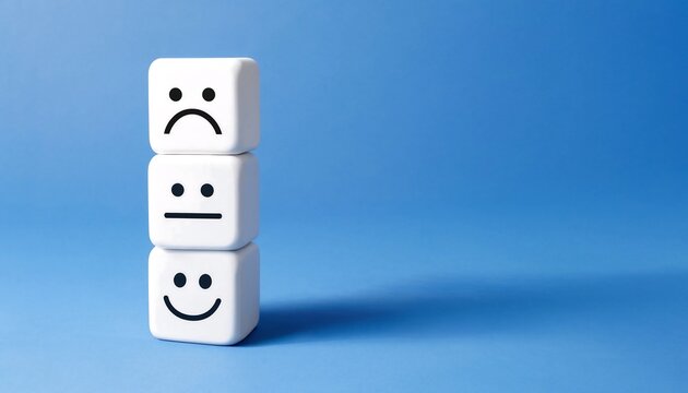 Emotions on white cubes with sad, neutral and happy faces on blue background, expressing different moods and feelings