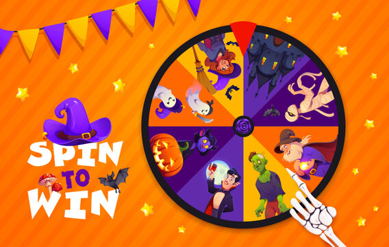 Halloween casino lucky spin wheel. Autumn gamble machine, Halloween party lottery spin game. October holiday casino roulette with witch, mummy ghost, vampire and zombie characters, skeleton hand arrow