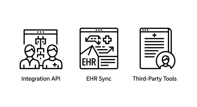 Healthcare system integration and electronic health records sync icons with third party integration healthcare hospital technology information software connection clinical management