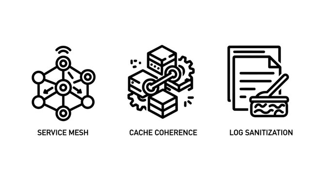 Service mesh cache coherence log sanitization technical icon set with coherence sanitization computing technology security infrastructure architecture optimization database information
