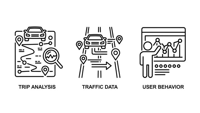 Set of data analytics icons depicting trip analysis traffic data and user behavior with analysis behavior analytics tracking navigation statistics performance business monitoring location