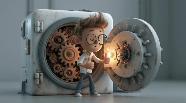 3D cartoon technician opening a giant machine filled with gears, repairing a flashing component and giving a thumbs up. Fun industrial illustration showing maintenance, engineering and problem solving