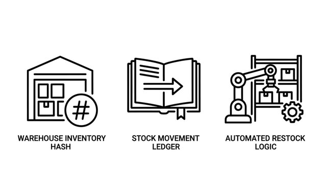 Warehouse inventory tracking and automated restock logic logistics icons with supply chain automated restocking warehouse inventory logistics automated robotics automation management shipping