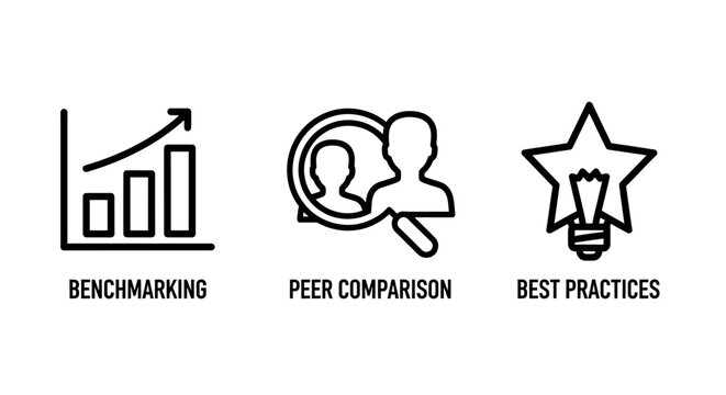 Business benchmarking and best practices icon set with benchmarking comparison practices analysis performance business management strategy marketing improvement development evaluation