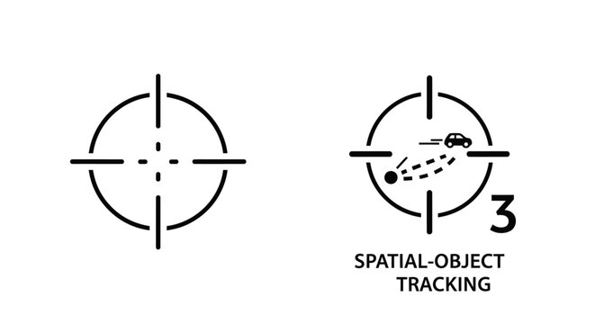 Spatial object tracking and target icons with tracking movement crosshair monitoring surveillance location position navigation security analysis detection monochrome technology automotive