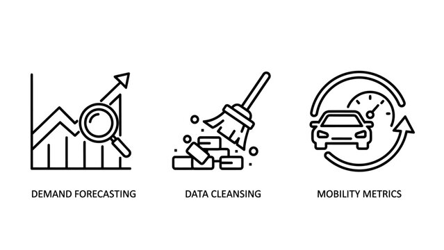 Data analysis and business metrics icon set for forecasting and cleansing processes with analysis forecasting cleansing business cleaning transport logistics statistics management efficiency