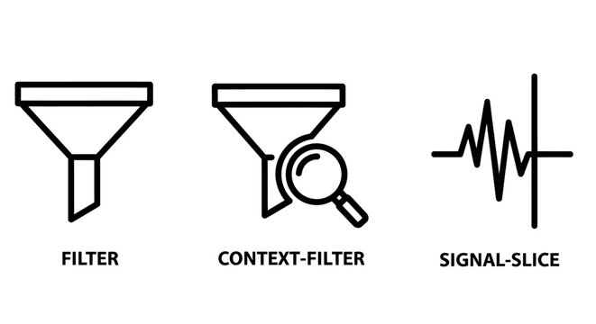Digital data filter and signal processing icon set for information management with frequency analysis information processing technology software management research exploration investigation